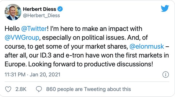 大众CEO Twitter首秀,称要夺走特斯拉的一部分市场份额