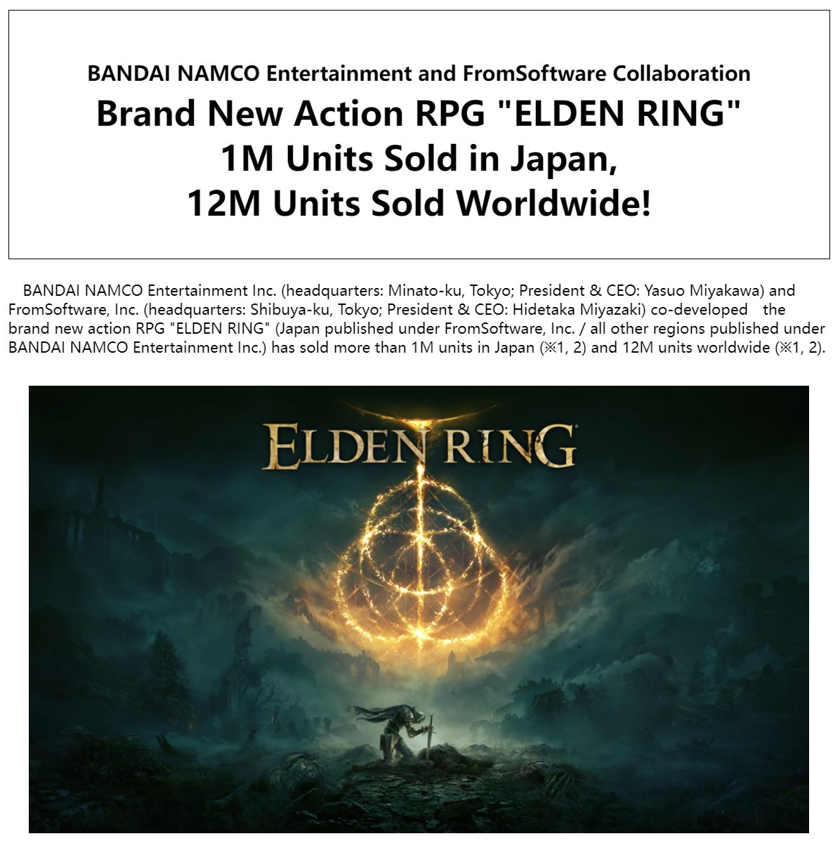 FromSoftware宣布《艾尔登法环》全球销量突破1200万