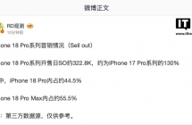 苹果 iPhone 18 Pro 系列手机国内首销情况曝光：开售日约 32.28 万台，约为 iPhone 17 Pro 系列的 130%
