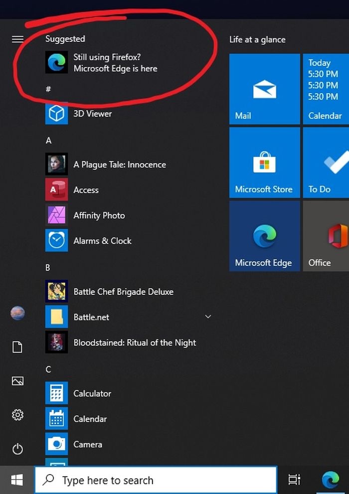 Windows 10开始菜单打广告：Firefox用户快用Edge吧