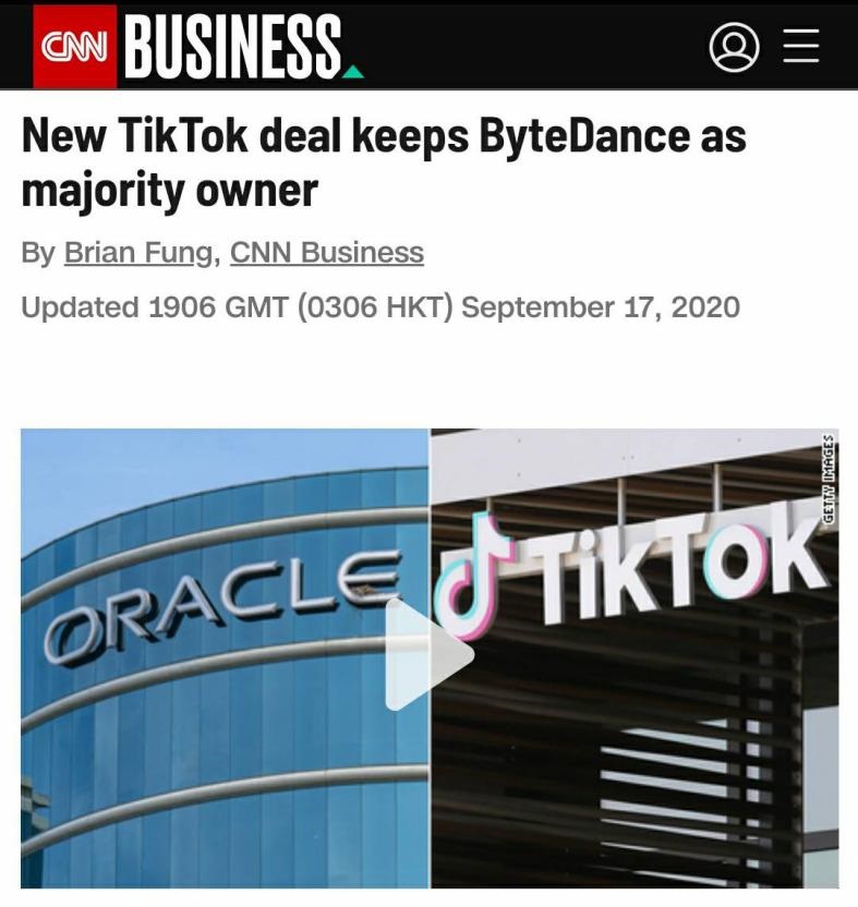 外媒 CNN：新协议让字节跳动保留了对 TikTok 的控股权