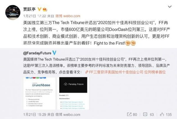 贾跃亭：FF 获评 “2020 加州十佳高科技创业公司”榜首