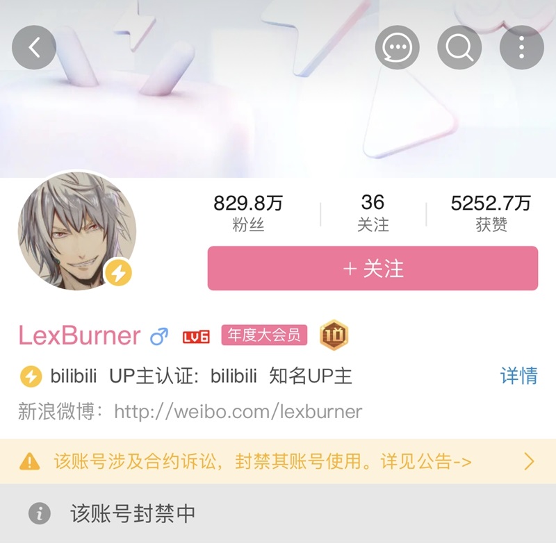 B 站处罚百万粉丝 UP 主 LexBurner：封禁账号，撤销 “百大 UP 主”荣誉
