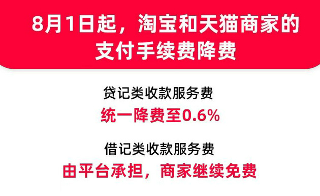 淘宝天猫宣布商家贷记服务费降至 0.6%，其他渠道继续免费