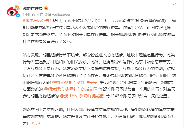 微博：全面排查超话社区榜单分类及名称，调整超话名称 2558 个