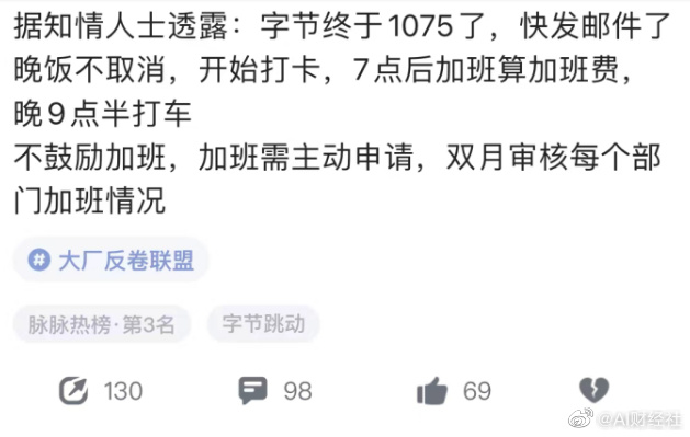消息称字节跳动将开启 1075 工作制，19 点后加班需提交申请