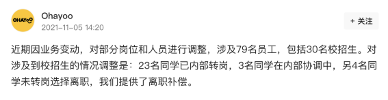 字节跳动旗下 Ohayoo 回应“裁员”：30 名校招生中 23 名已内部转岗