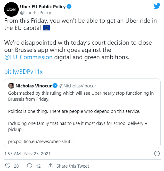 布鲁塞尔禁止私人开出租车，Uber 优步宣布在该地区停止服务
