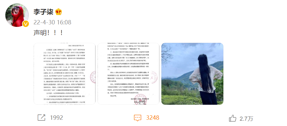 李子柒声明：存在“水军”大规模造势意图带偏网络舆论的嫌疑