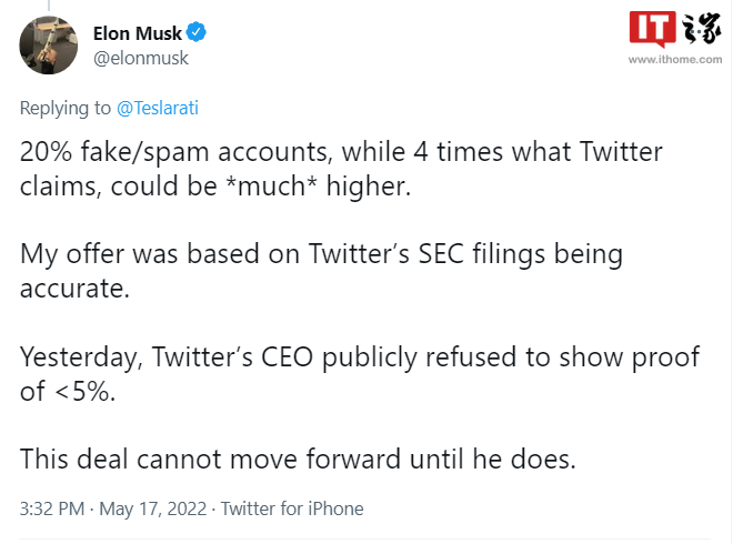 马斯克称除非 Twitter 证明虚假账户少于 5%，否则交易无法推进