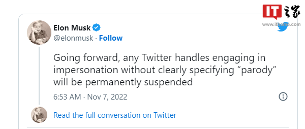 本人成“替身”，马斯克称 Twitter 将永久封禁冒充账号的用户