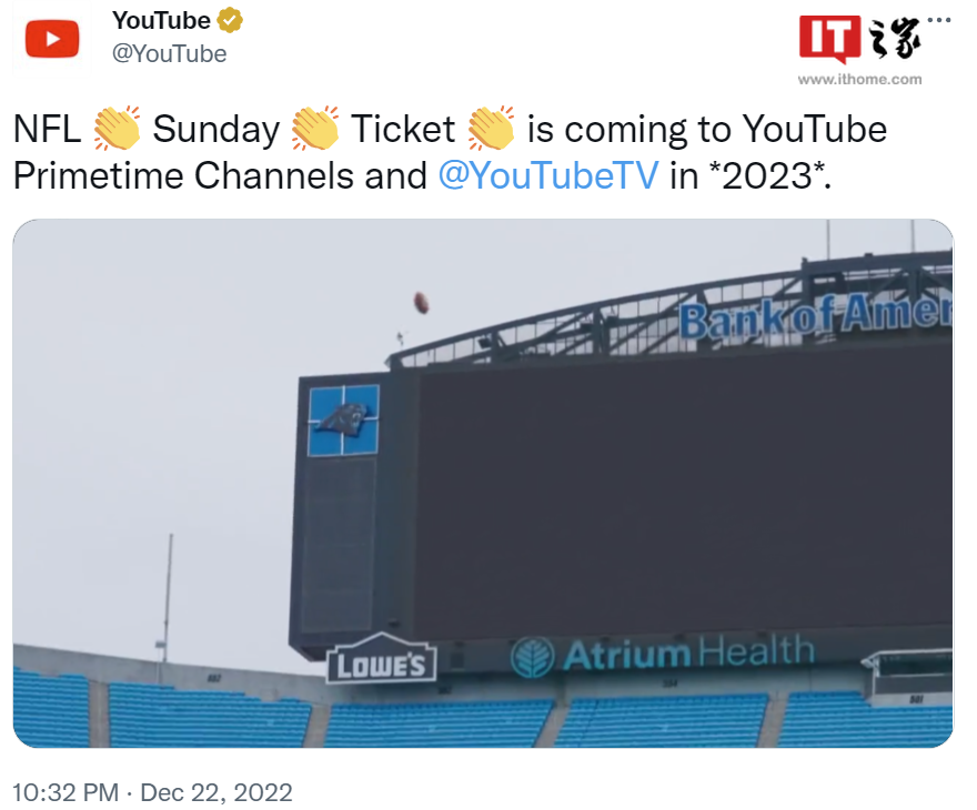 谷歌旗下 YouTube 获得 NFL“周日门票”2023 年转播权