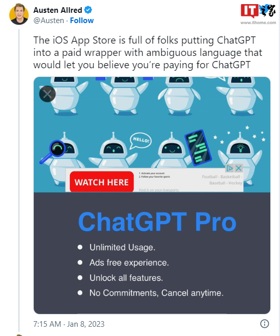 假冒 ChatGPT 曾现身苹果 App Store 并在排行榜上飙升：每周 7.99 美元订阅费，现已被 ...