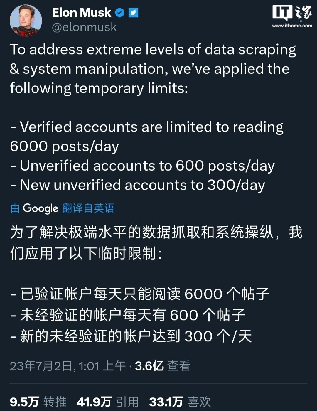 马斯克限制推特阅读量：未认证账户每天只能阅读 600 条推文