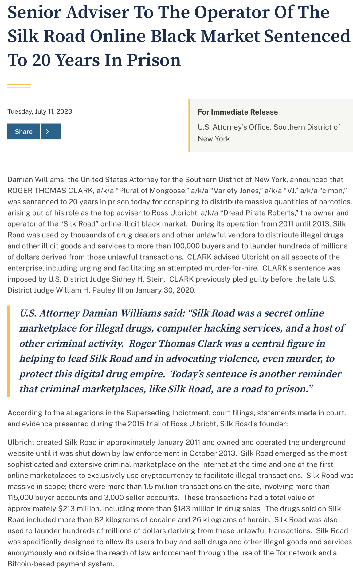 暗网毒品黑市“Silk Road”二号人物 Variety Jones 被捕，判处 20 年监禁