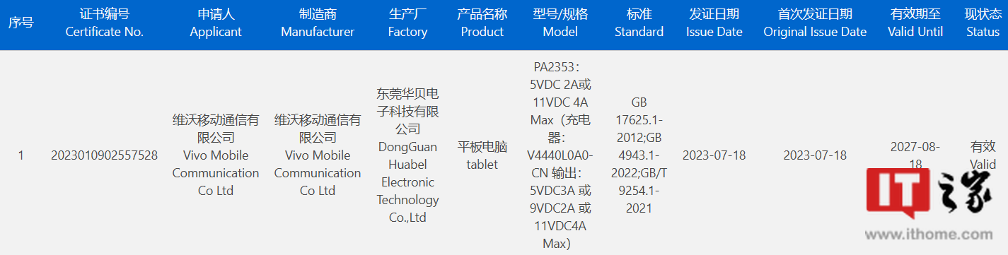 vivo Pad Air 平板电脑通过国家质量认证，支持 44W 快充