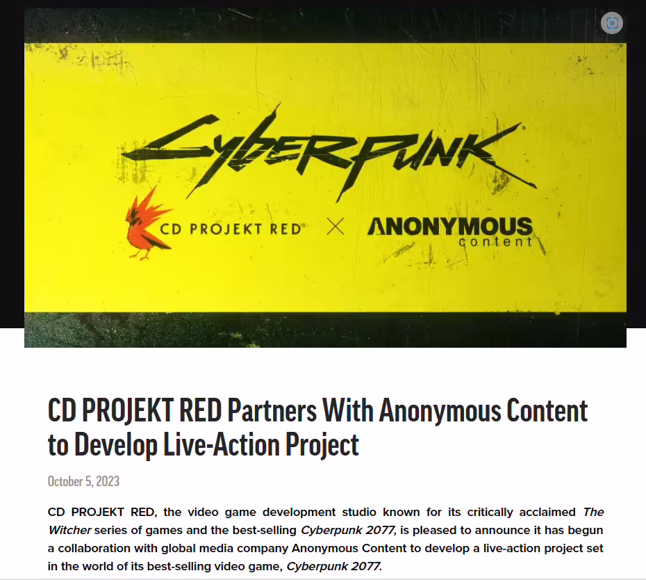 CDPR 将制作《赛博朋克 2077》背景真人影视作品