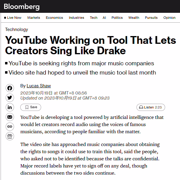 消息称 YouTube 正开发 AI 变声工具，可利用“著名音乐人”音色录音 ...