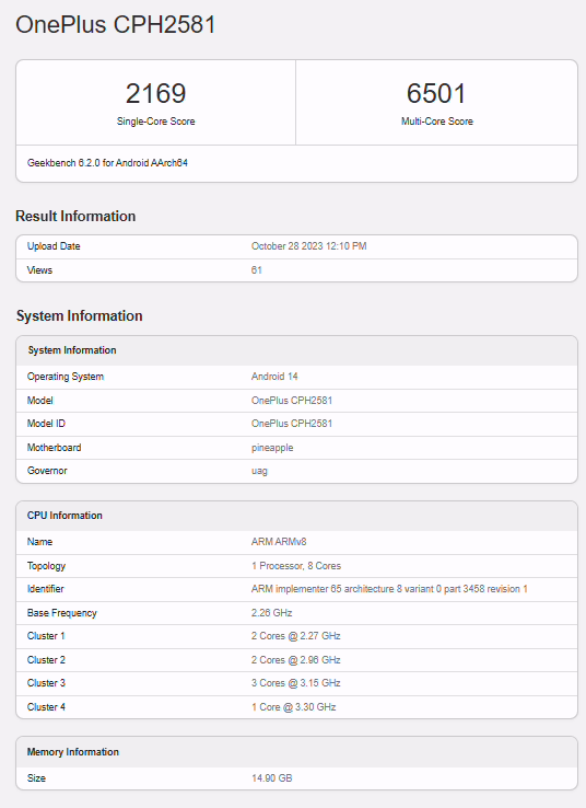 一加新机现身 Geekbench：骁龙 8 Gen 3 搭配 16GB 内存，运行安卓 14 ...