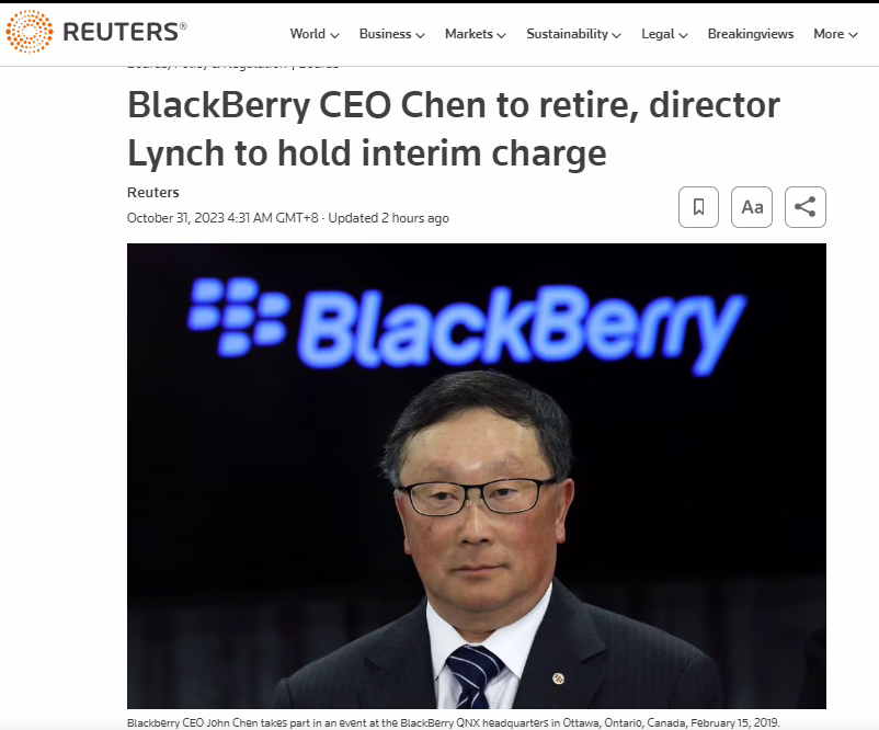 执掌十年，黑莓 CEO 程守宗将于本周五退休