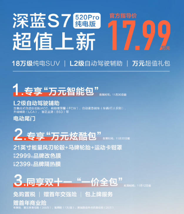 深蓝 S7 520Pro 纯电版车型上市：配置 L2 级自动驾驶辅助，售价 17.99 万元 ...