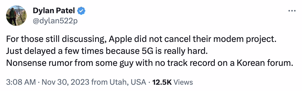分析师 Dylan Patel 否认苹果取消 5G 基带研发项目，但相关项目推进困难遭多次延迟 ...
