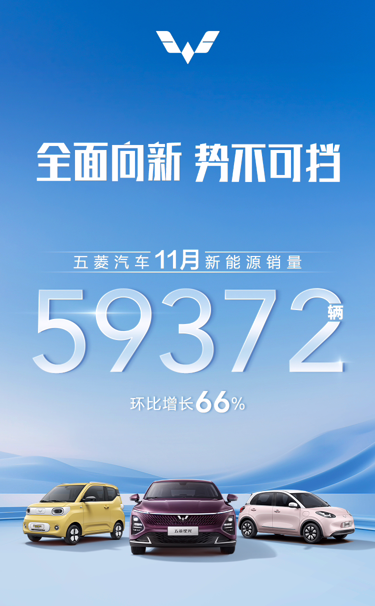 五菱汽车 11 月新能源销量 59372 辆，环比增长 66%