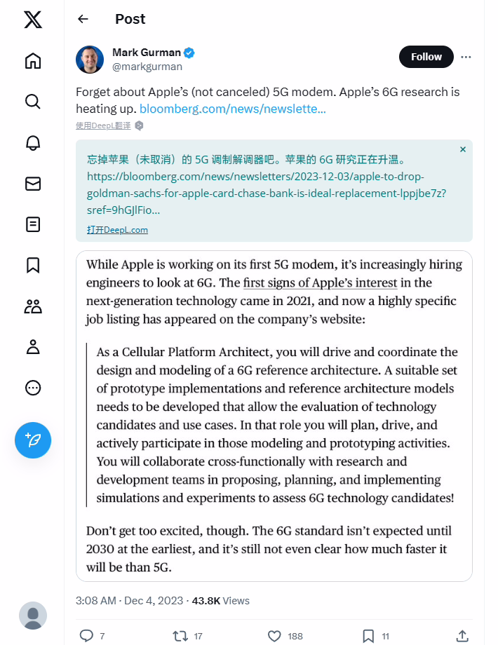 古尔曼：苹果公司正将更多注意力转向 6G 研发