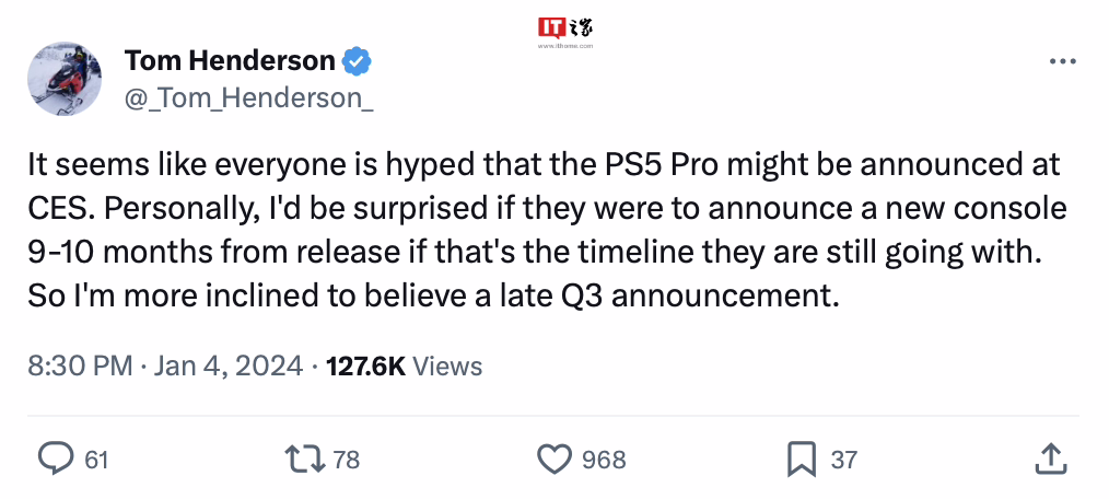 消息称索尼 PS5 Pro 游戏机今年第三季度末发布，不会在 CES 2024 中亮相 ...