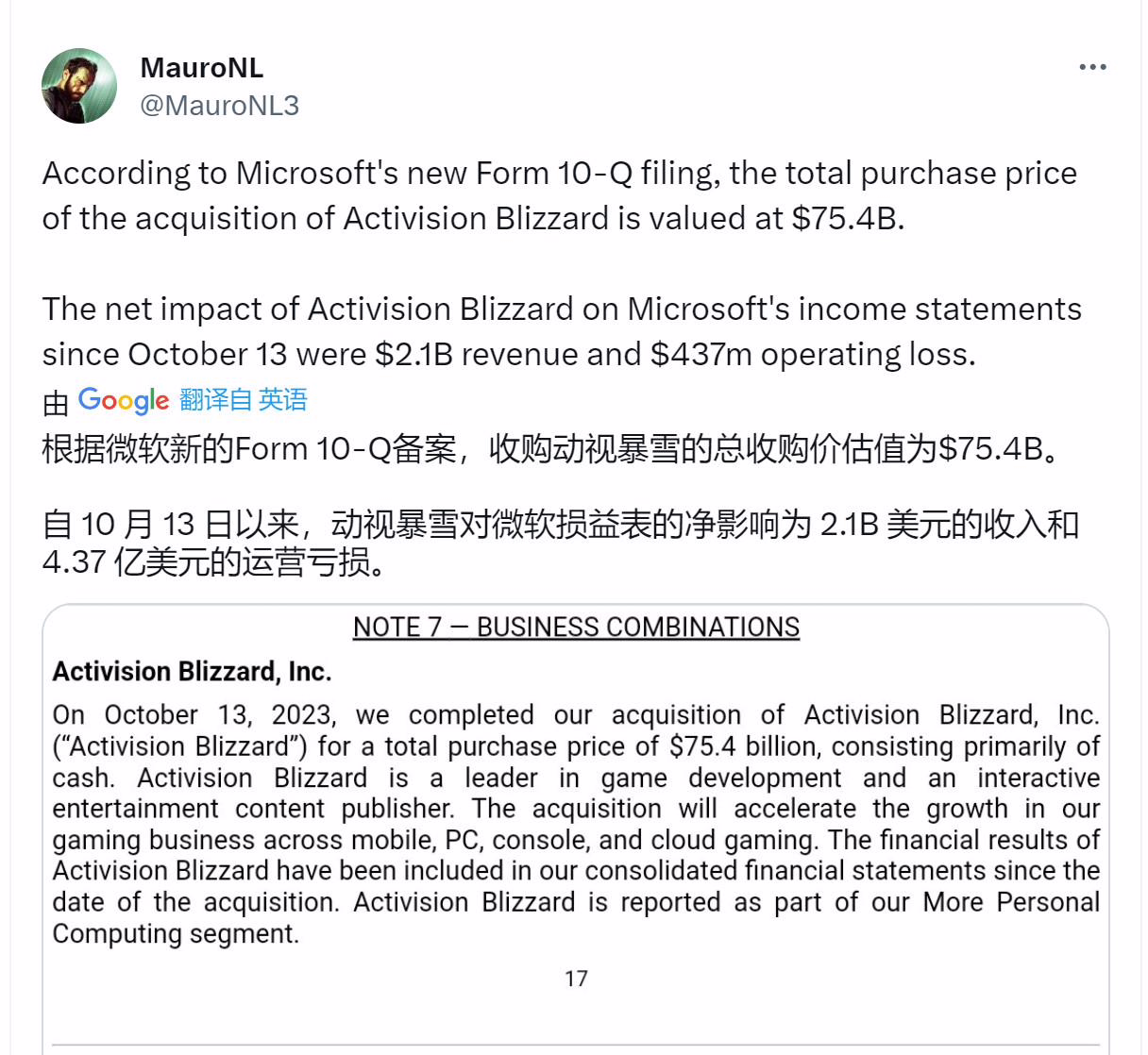 微软Q2财报：游戏部门营收大涨49% 动视暴雪贡献21亿美元