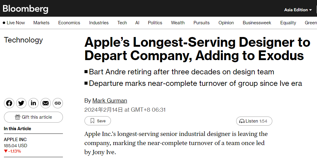 与 Jony Ive 同期加入苹果，苹果公司任职最久设计师 Bart Andre 即将退休 ...