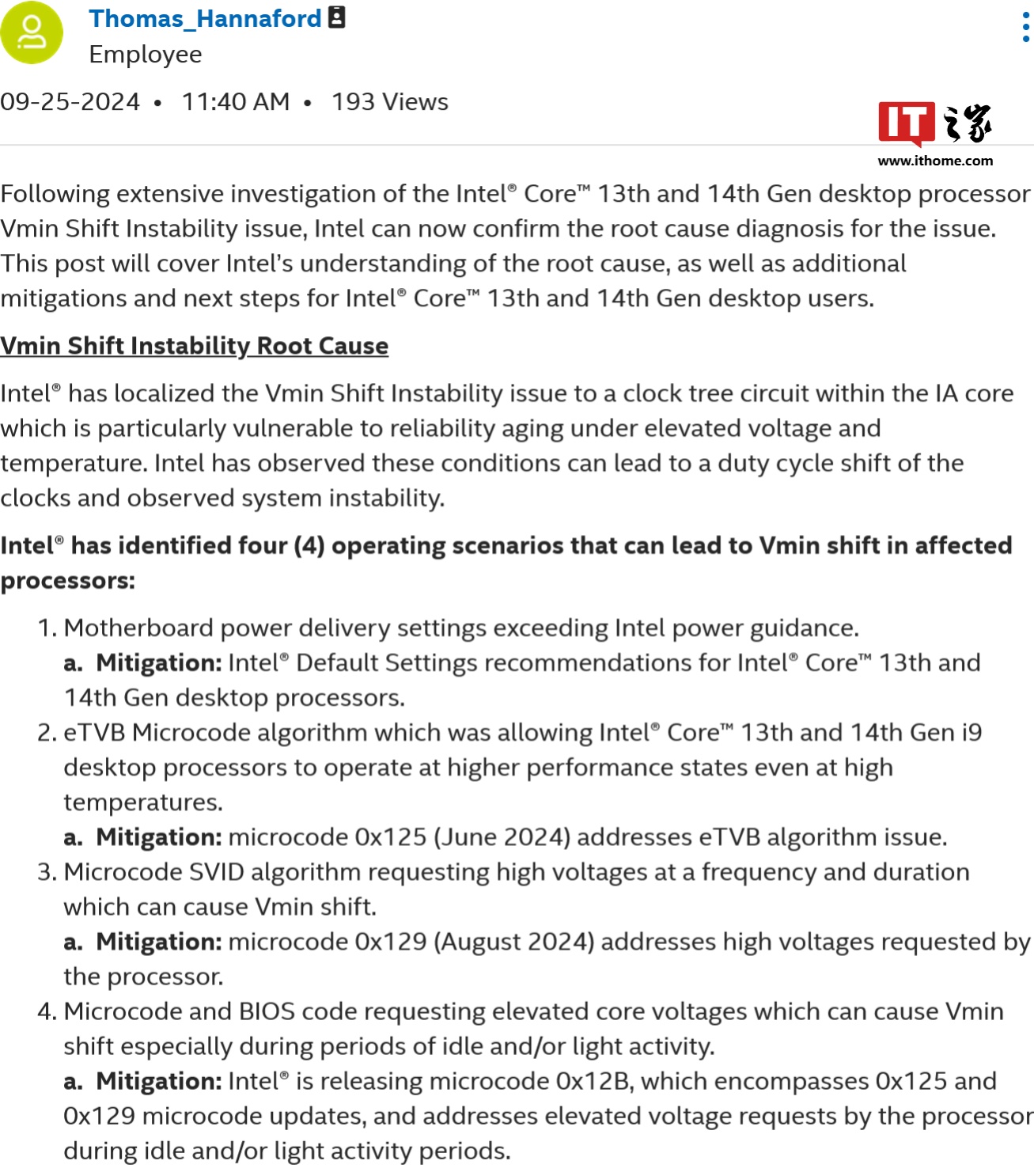 英特尔确认第 13、14 代酷睿桌面处理器不稳定根本原因，将推新版修复微代码 ...