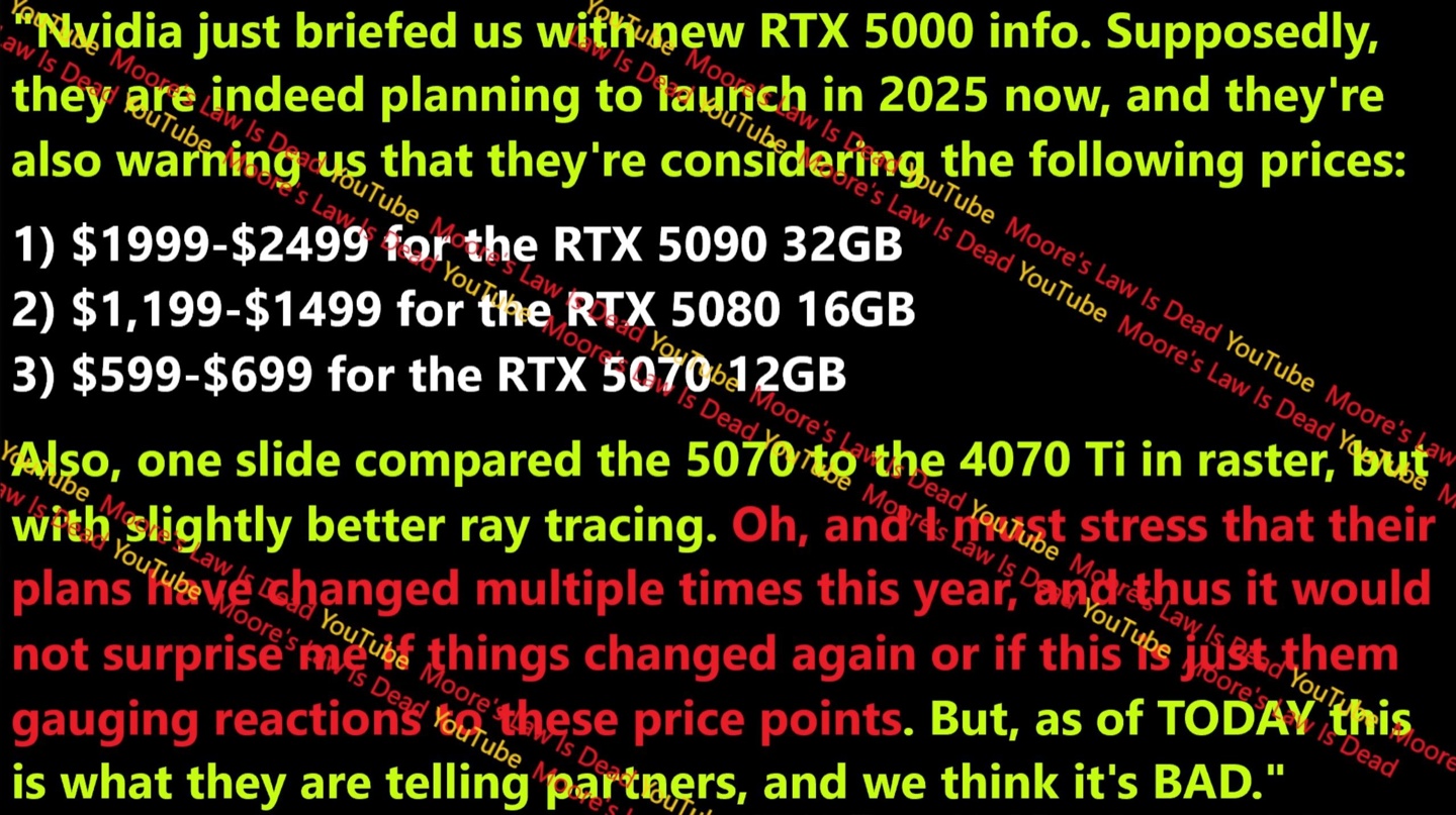 英伟达 RTX 50 系列显卡售价曝料：5090 预估 1999~2499 美元