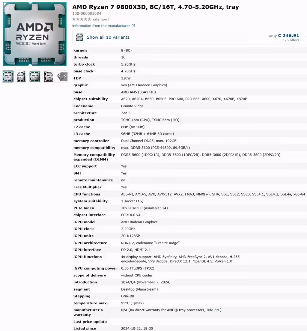 AMD锐龙7 9800X3D完整规格泄露：8 个Zen5核心、120W TDP、96MB L3缓存、解锁倍频 ...