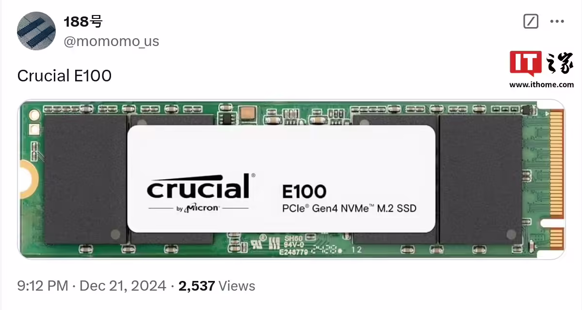 美光英睿达将推 E100 固态硬盘，PCIe 4.0 NVMe M.2 规格