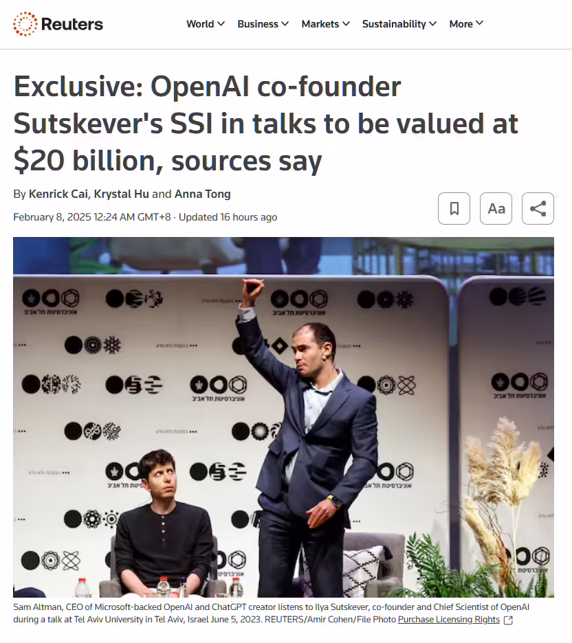 前 OpenAI 首席科学家苏茨克维的新 AI 公司 SSI 估值飙升：消息称达 200 亿美元 ...