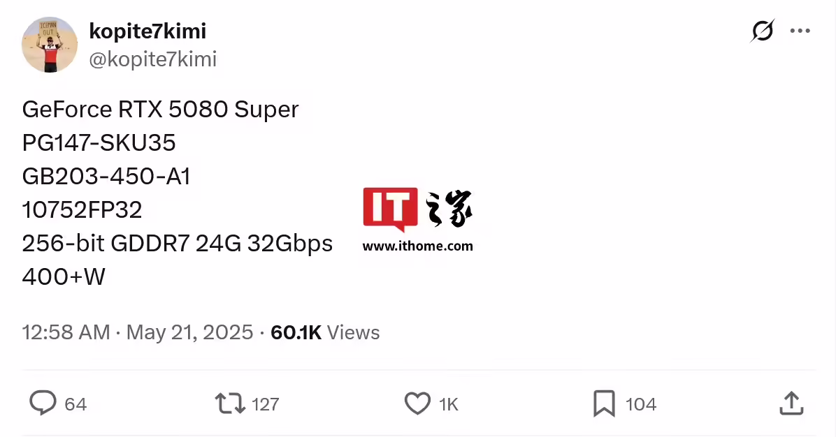 更多更快显存，英伟达 GeForce RTX 5080 SUPER 显卡规格曝光