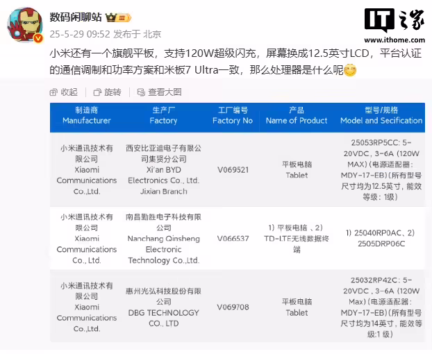 消息称小米还有一个旗舰平板，换装 12.5 英寸 LCD 屏