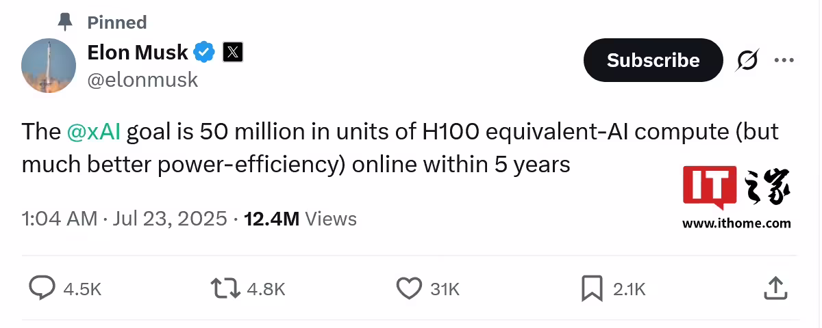 等效 5000 万块英伟达 H100 GPU，马斯克公布 xAI 五年算力目标