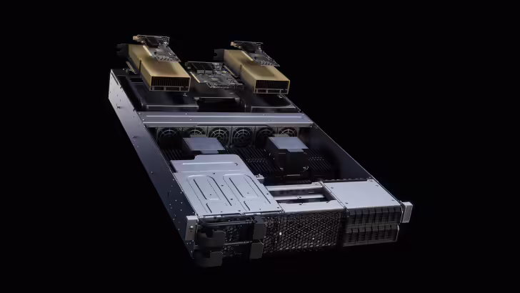 High-performance server hardware with dual GPUs on a black background.