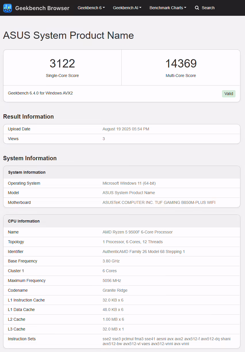 ASUS system benchmark: AMD Ryzen 5 9500F, scores 3122 single-core, 14369 multi-core on Geekbench.