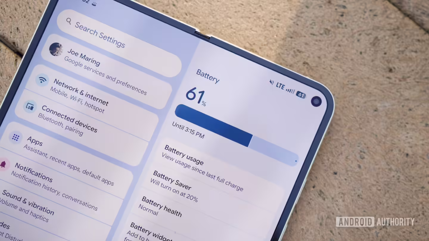 Battery settings page on the Google Pixel 10 Pro Fold.