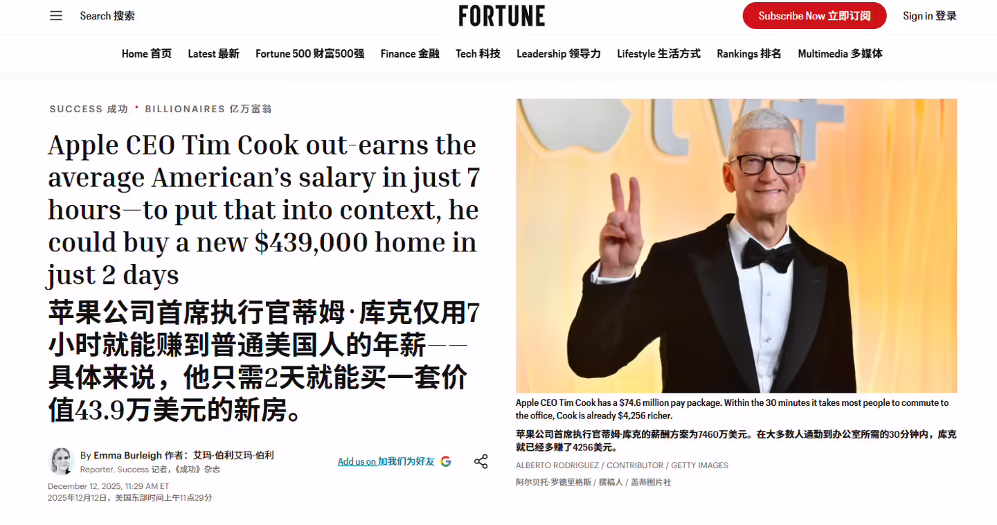 美国 CEO 薪酬有多高？苹果库克 7 小时收入超普通工人年薪