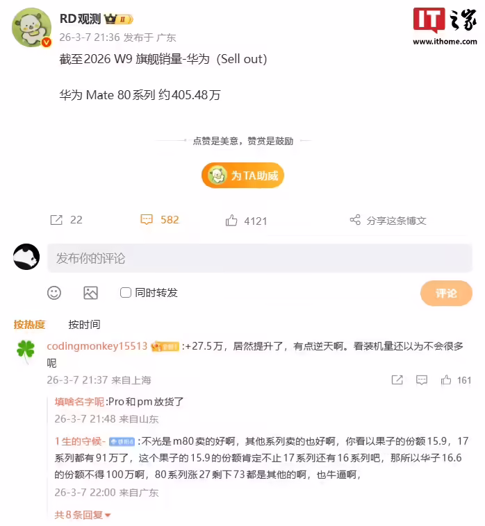 突破 400 万大关：消息称华为 Mate 80 系列旗舰手机销量约 405.48 万台 ...