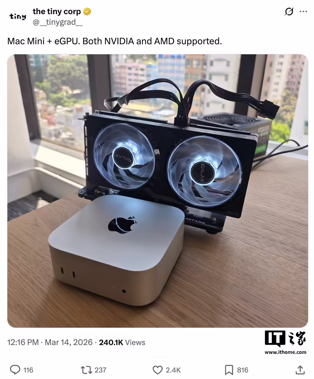 制造商TinyCorp为Apple芯片Mac打造eGPU扩展板，可连接RTX5060用于AI大模型推理 ...