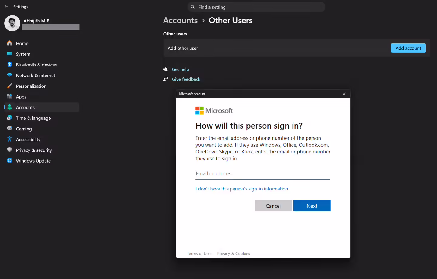 Microsoft Account dialogue box is in light mode, despite the system preference being set to dark mode
