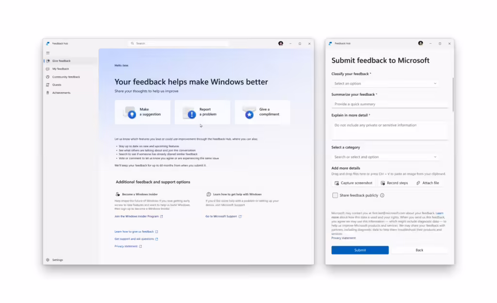 Upcoming Feedback Hub update in Windows 11 showing the redesigned home screen and new feedback form. Source: Microsoft