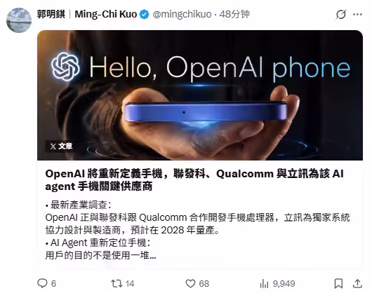 郭明錤：OpenAI 联手高通 & 联发科开发手机芯片，自研手机项目预计 2028 年量产 ...