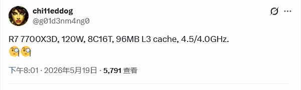AMD 被曝将推锐龙 7 7700X3D 处理器：加速频率最高可达 4.5GHz