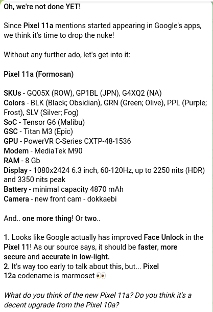 谷歌 Pixel 11a 手机曝光：Tensor G6 自研芯片，联发科 M90 基带